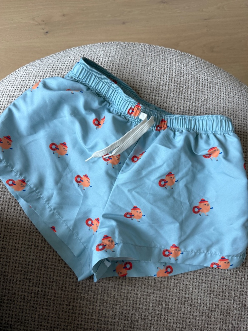 Kids Light Blue Swim Trunks with Orange Lifebuoy Fish Print